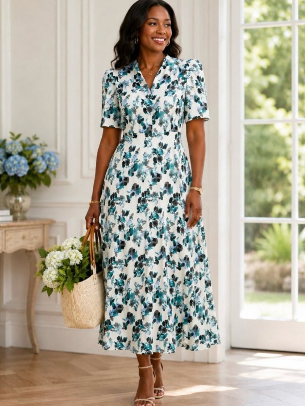 Small Tuckernuck Blue Blooms Linen Midi Dress - Picture 3 of 10